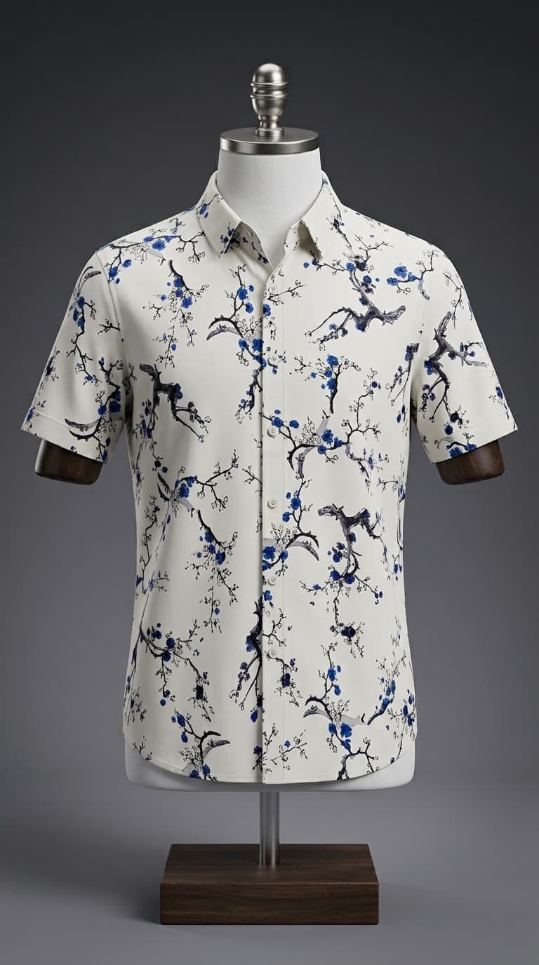 Blue Floral Branch Short-Sleeve Shirt